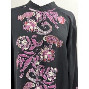 Chico’s Floral Embroidered Tunic Top Womens Size 4 Black Button Front Boho